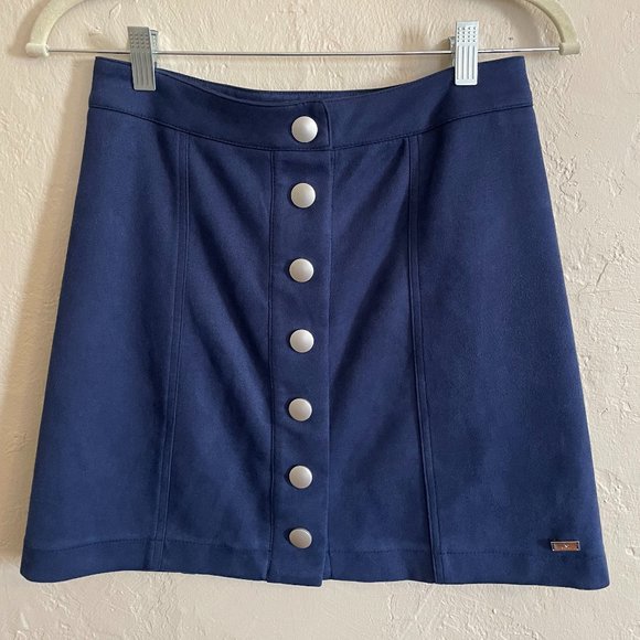 Navy Blue Snap Button Mini Skirt, Small - Picture 1 of 3